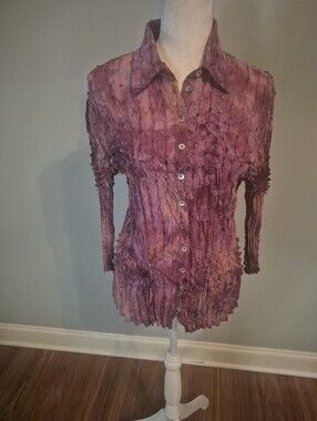 Vintage Women's Crinkled Long-Sleeve Button Front Top - Mauve Pink